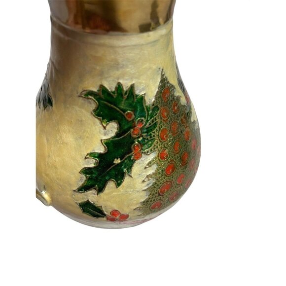 Vintage Christmas Drink Pitcher Tree Holly Cloisonne Holiday Decor Made in India - Picture 9 of 10